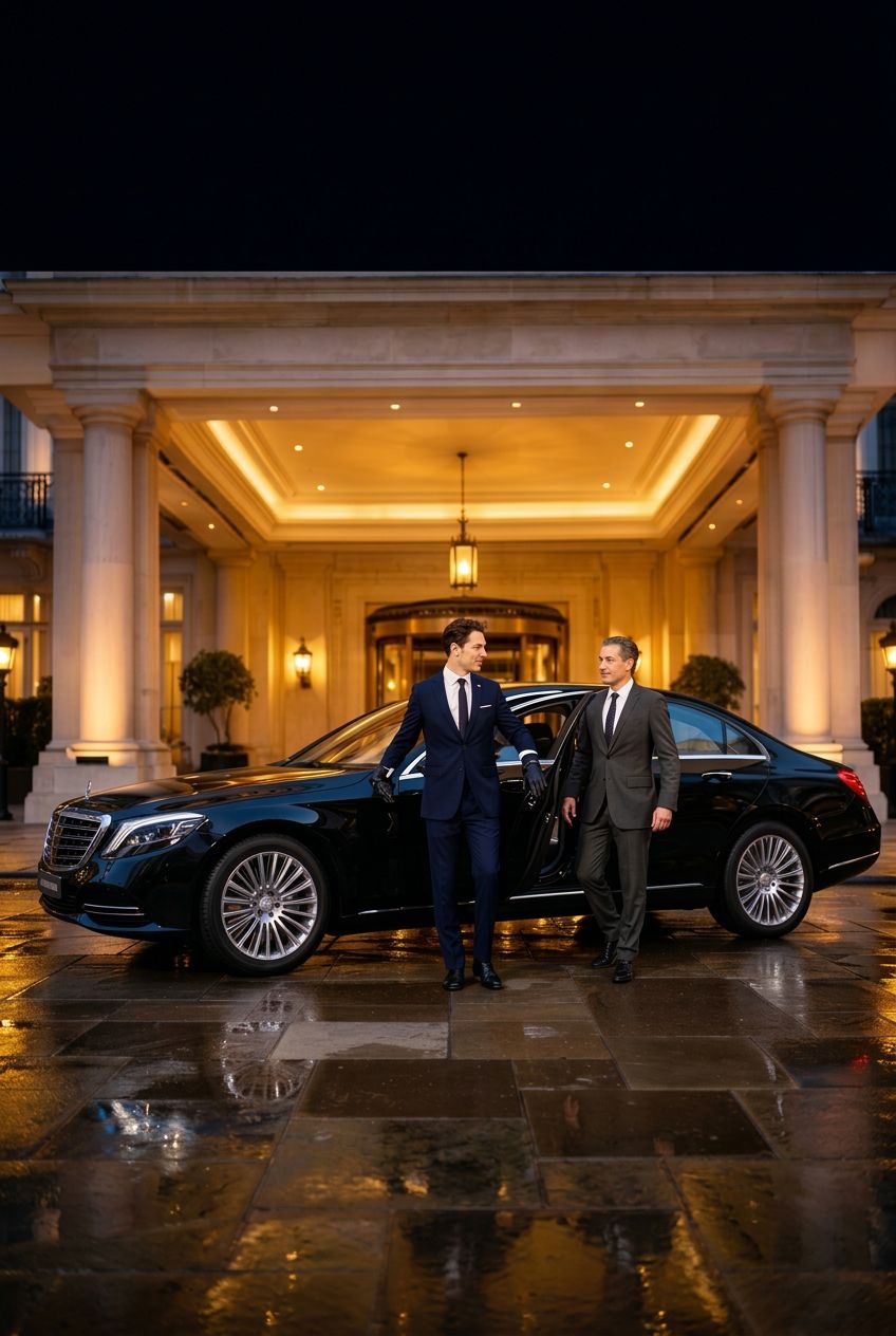 Professional chauffeur opening the rear door of a Mercedes S-Class outside a luxury London hotel